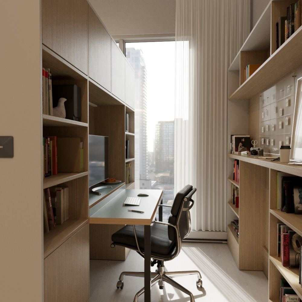 O2 Luxury Tower expandable office technology in a furnished modern apartment