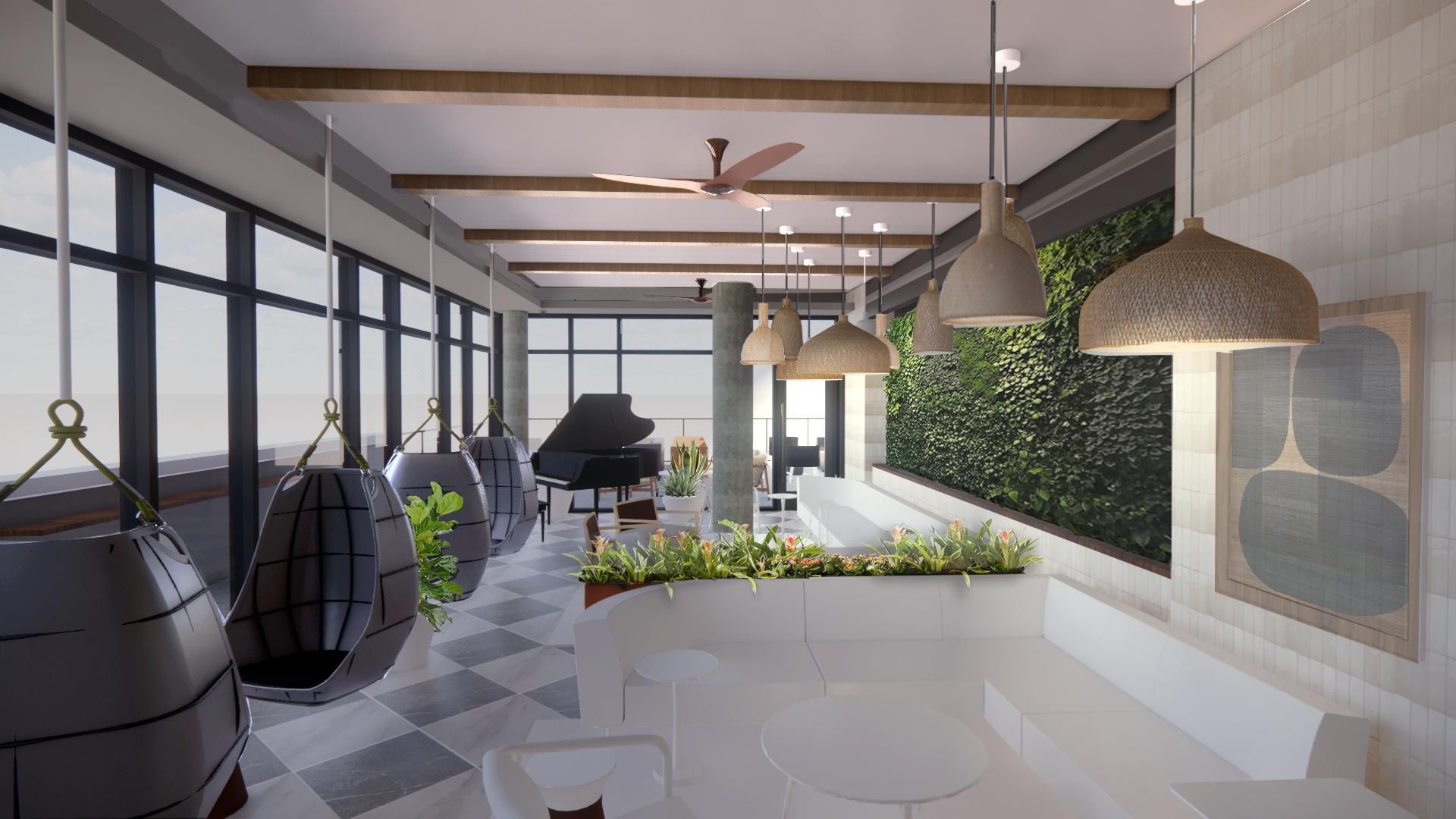 The conservatory in O2 Luxury Tower, featuring hanging egg chairs, a piano, and a living wall, creating an indoor oasis with urban views.