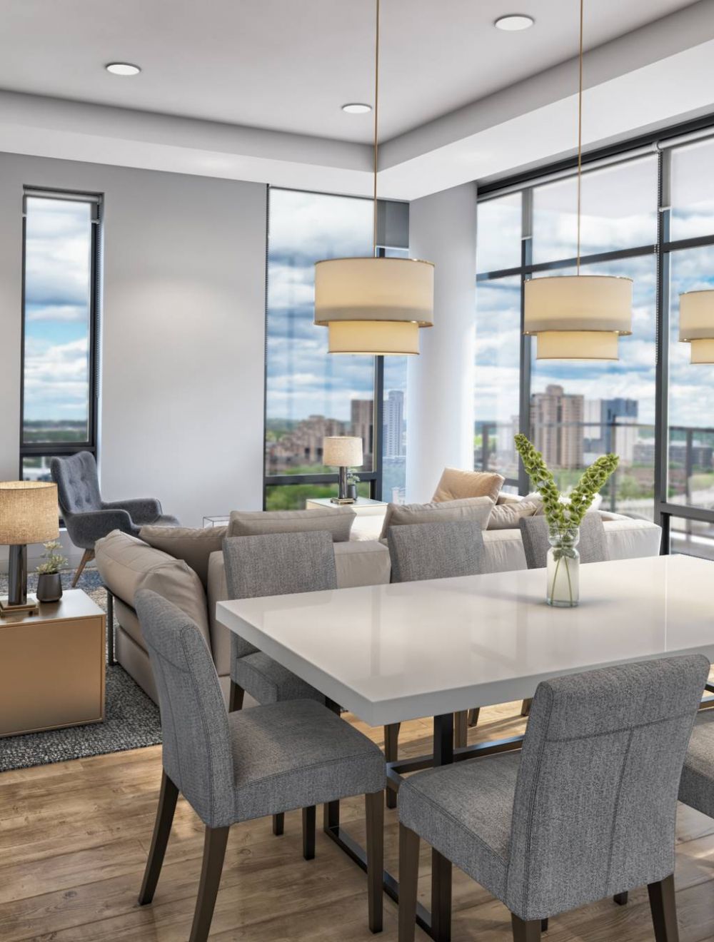 O2 Luxury Towers apartments penthouse living room with hardwood floor, fireplace, and open-floor plan layout.